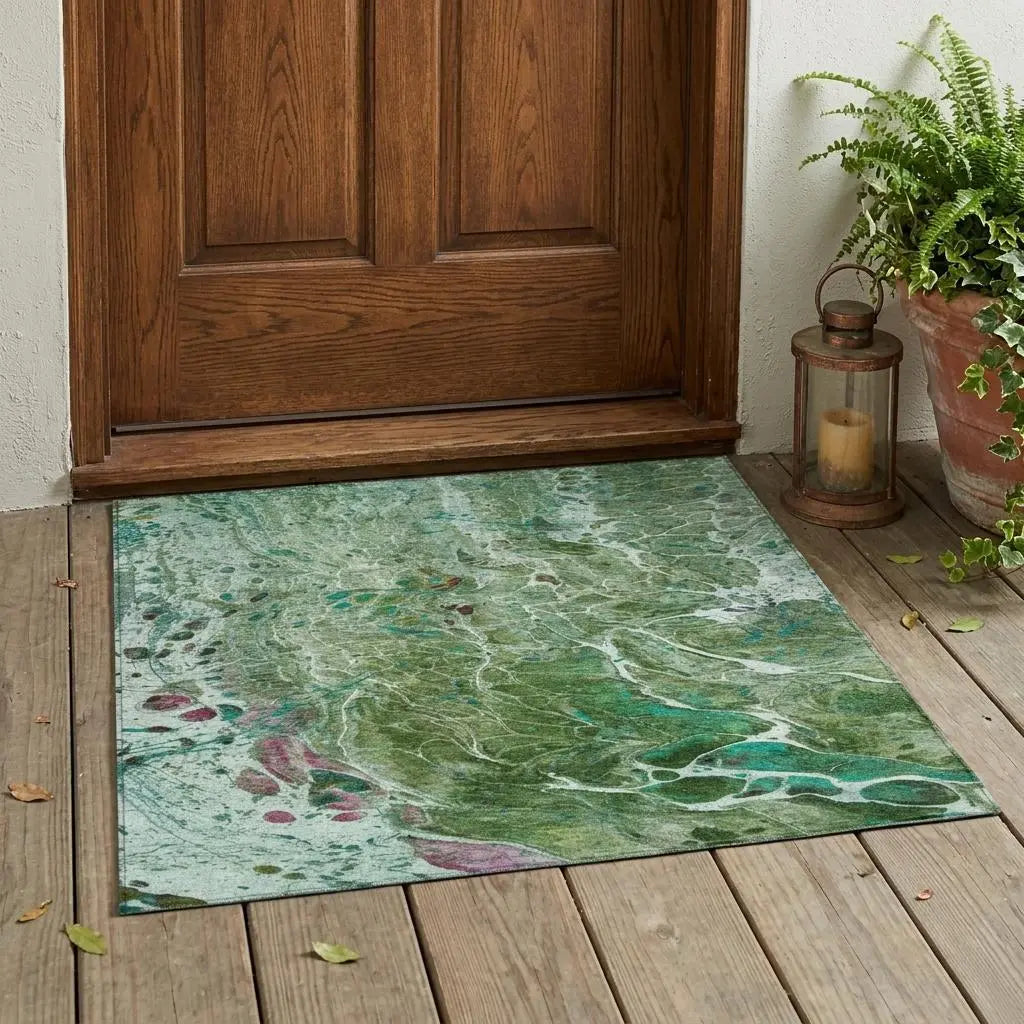 3' X 5' Green And Fern Green Abstract Washable Indoor Outdoor Area Rug Homeroots Outdoor