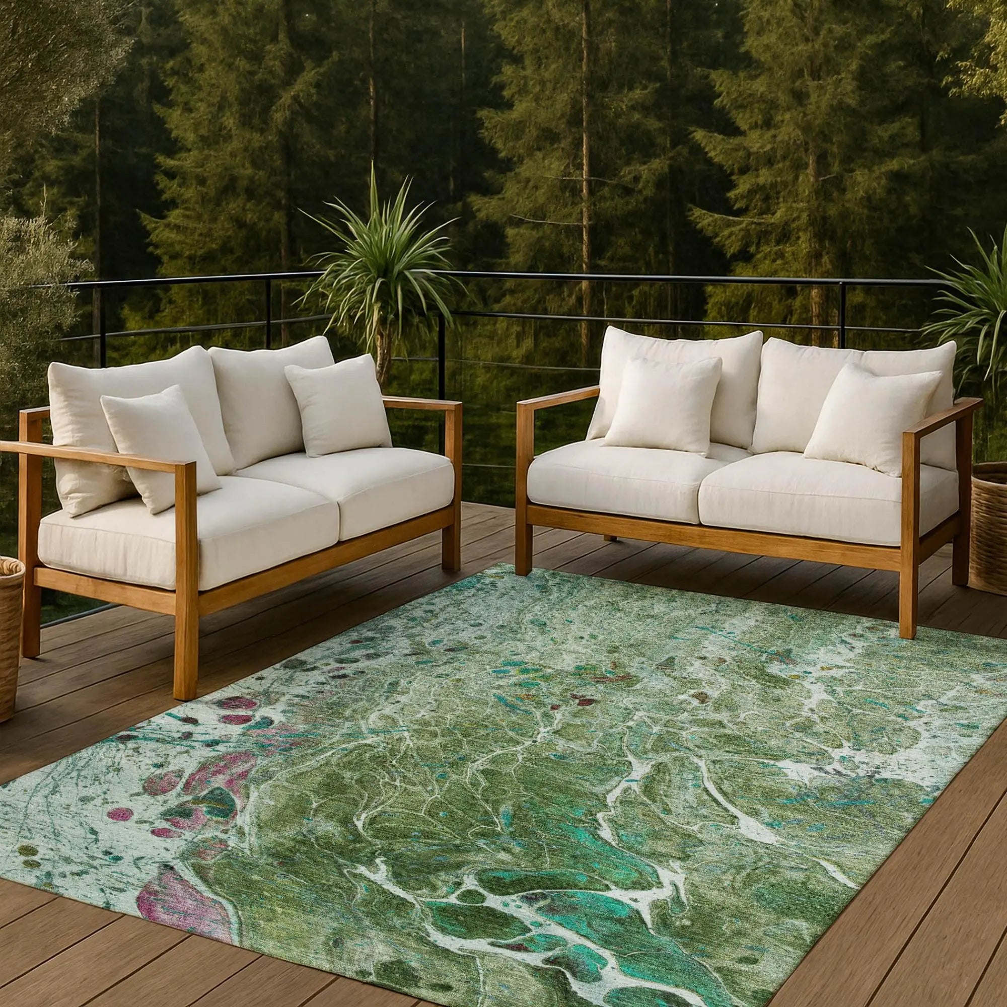 3' X 5' Green And Fern Green Abstract Washable Indoor Outdoor Area Rug Homeroots Outdoor