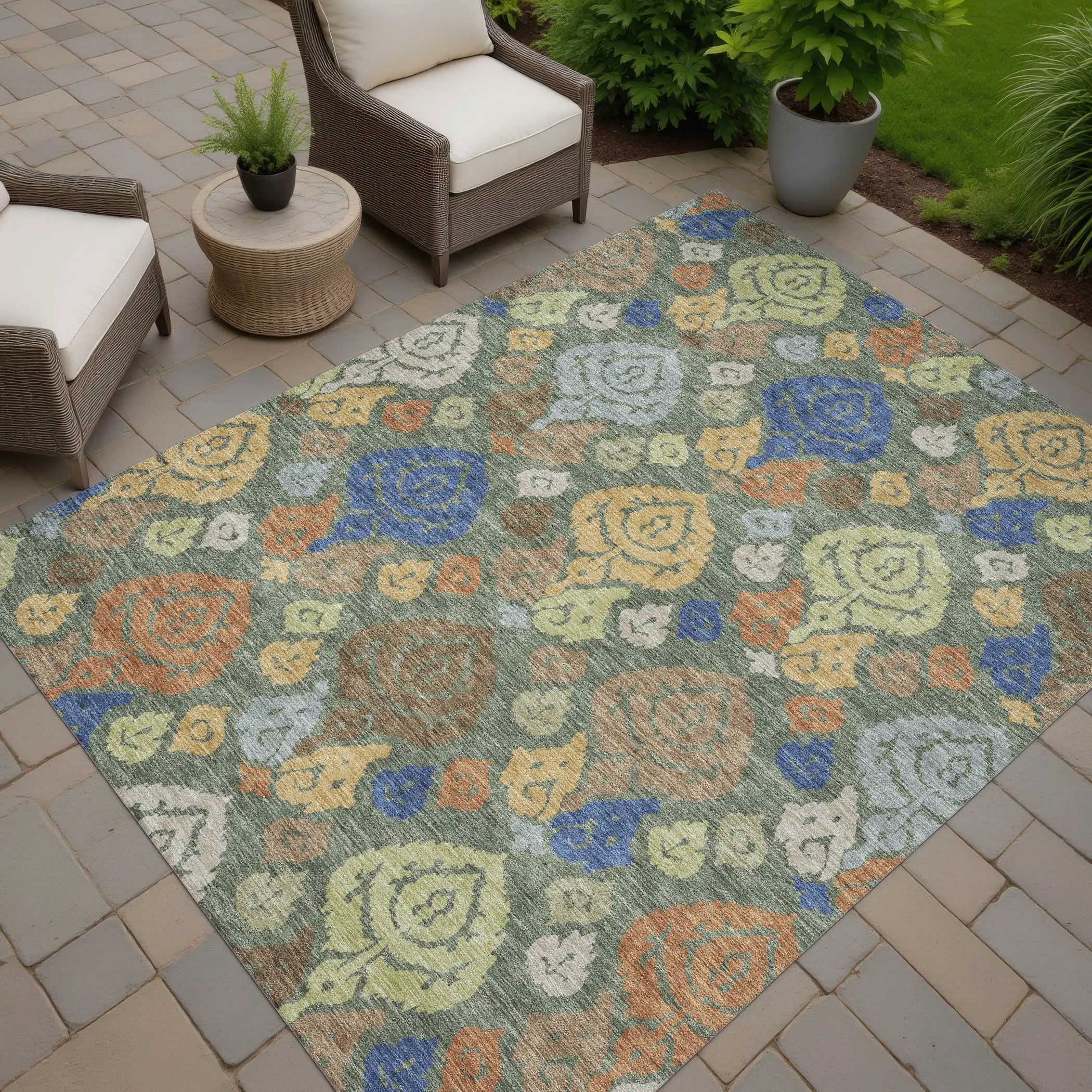 3' X 5' Green And Gold Damask Washable Indoor Outdoor Area Rug Homeroots Outdoor