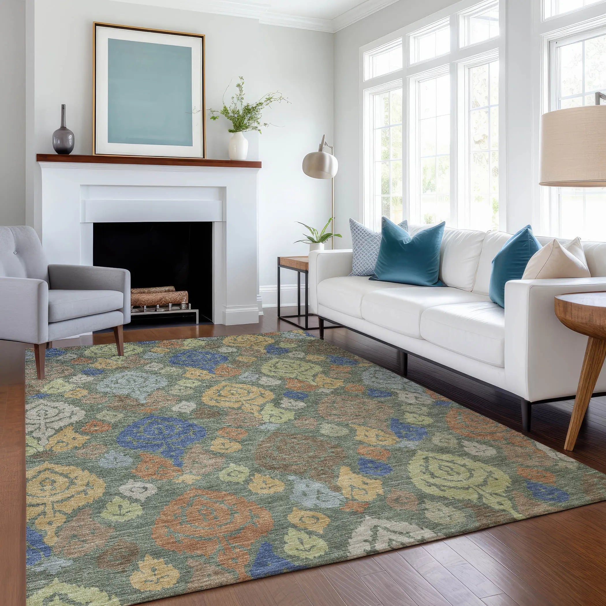 3' X 5' Green And Gold Damask Washable Indoor Outdoor Area Rug Homeroots Outdoor