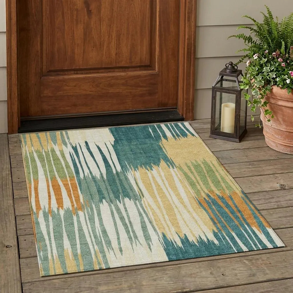 3' X 5' Green And Gold Striped Washable Indoor Outdoor Area Rug Homeroots Outdoor