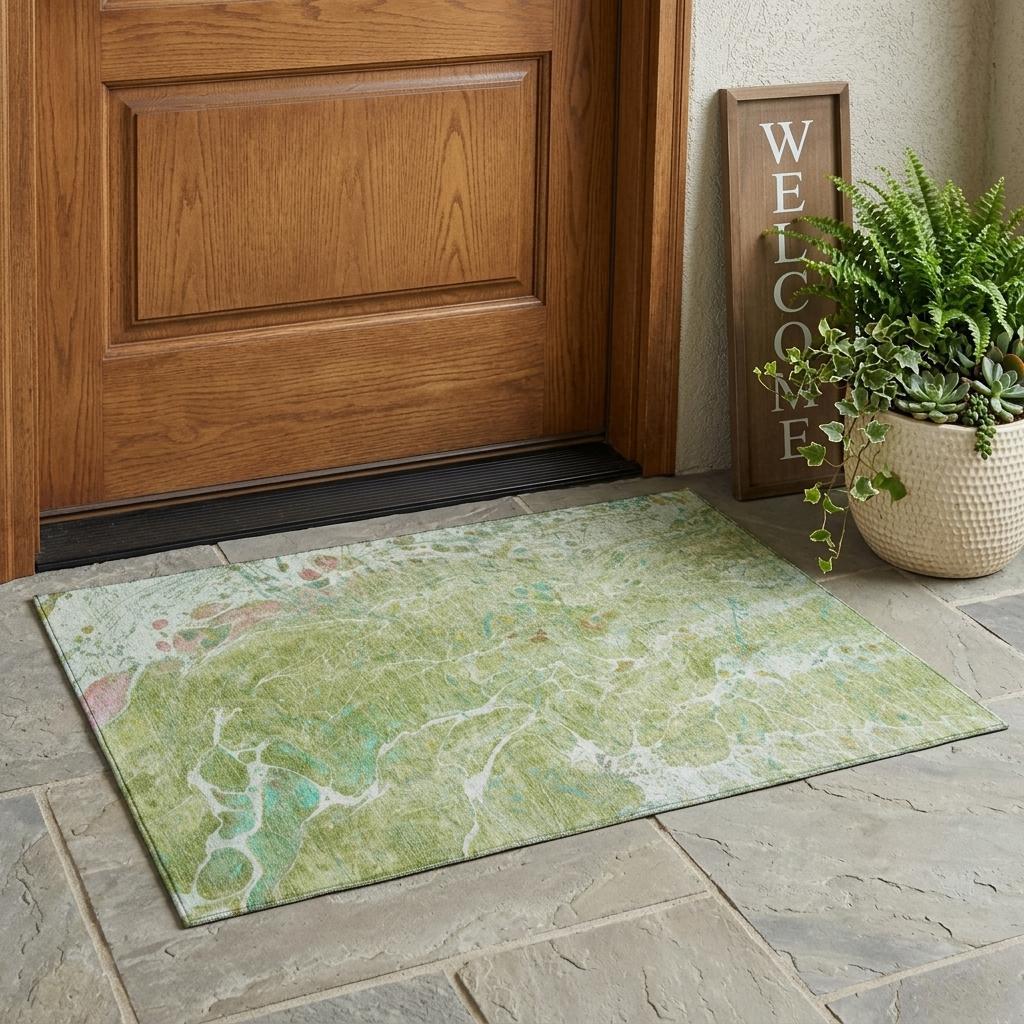 3' X 5' Green And Ivory Abstract Washable Indoor Outdoor Area Rug Homeroots Outdoor