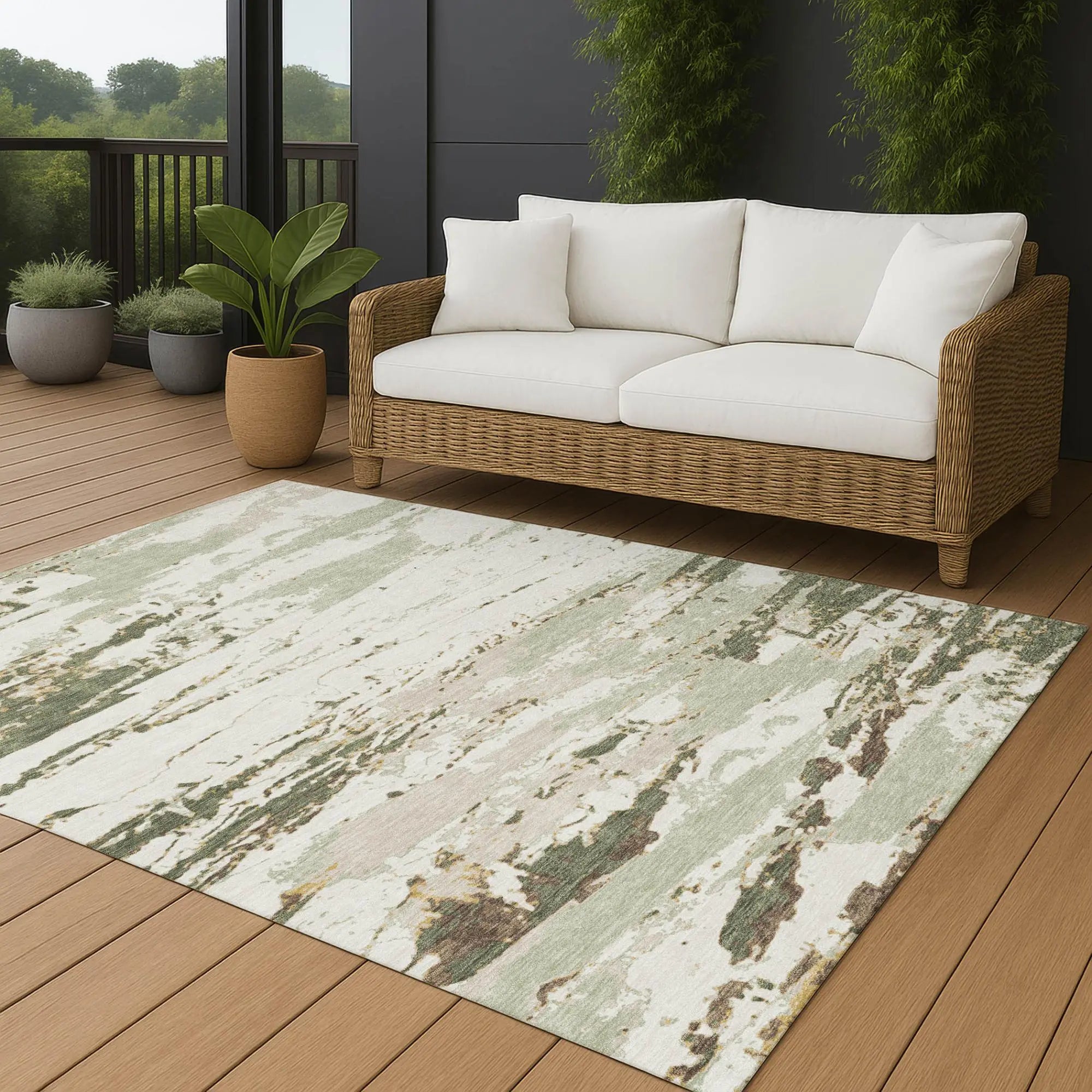 3' X 5' Green And Ivory Abstract Washable Indoor Outdoor Area Rug Homeroots Outdoor