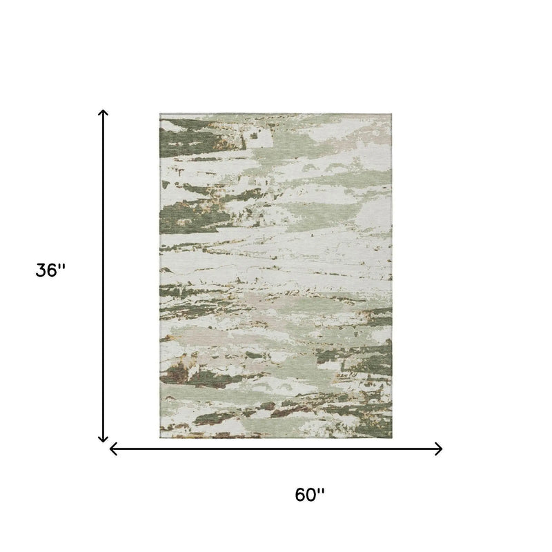3' X 5' Green And Ivory Abstract Washable Indoor Outdoor Area Rug Homeroots Outdoor