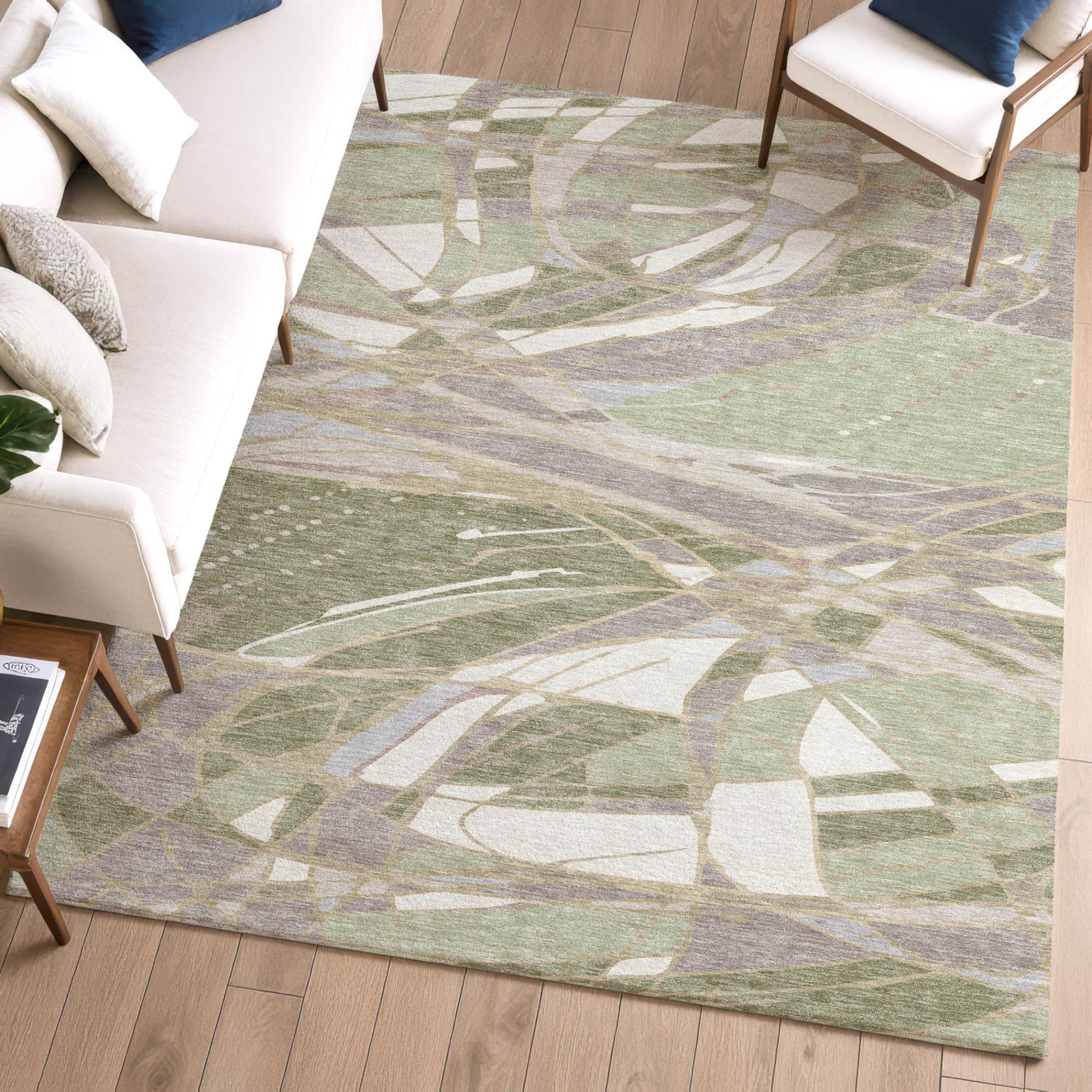 3' X 5' Green And Ivory Abstract Washable Indoor Outdoor Area Rug Homeroots Outdoor