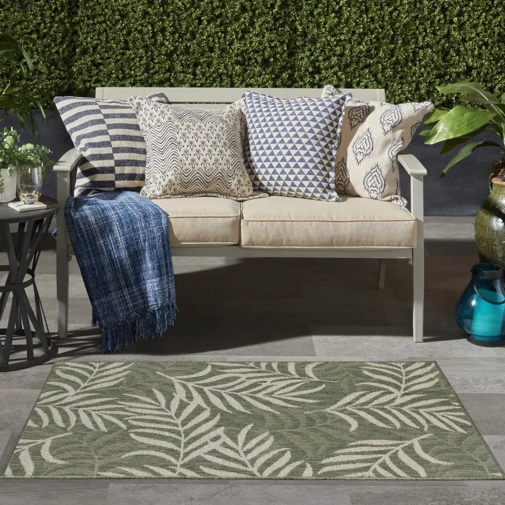 3' X 5' Green And Ivory Palm Leaf Indoor Outdoor Area Rug - GreatEagleInc