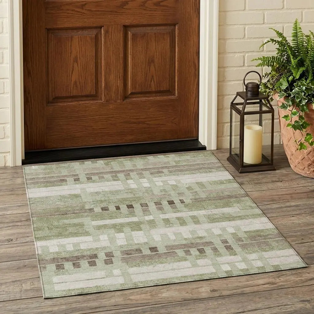 3' X 5' Green And Ivory Striped Washable Indoor Outdoor Area Rug Homeroots Outdoor