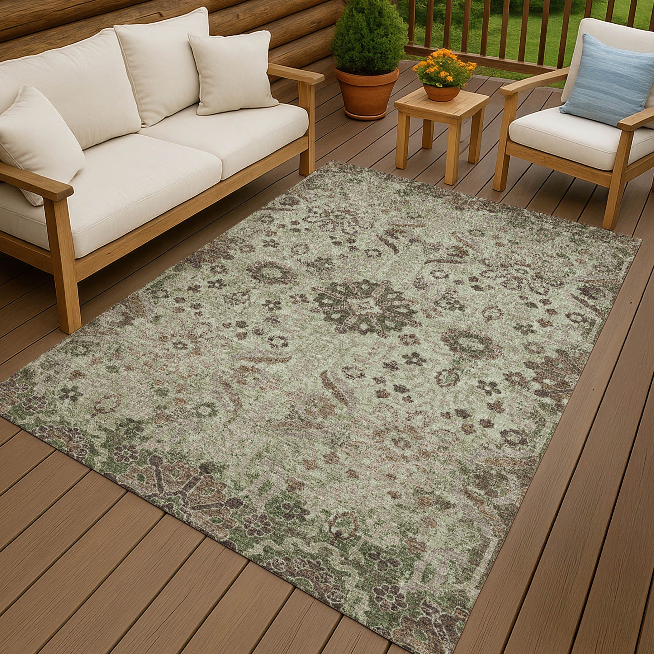 3' X 5' Green And Khaki Damask Washable Indoor Outdoor Area Rug Homeroots Outdoor