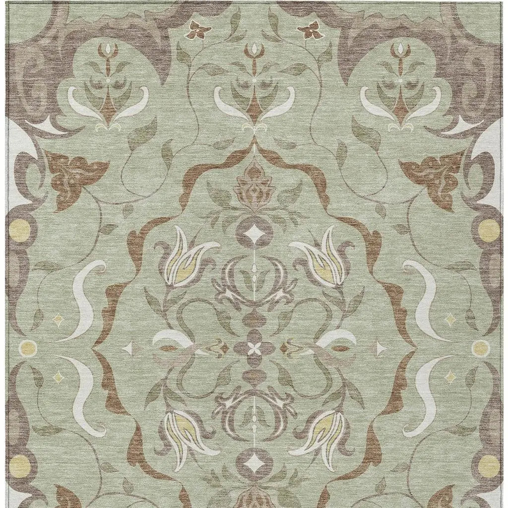 3' X 5' Green And Khaki Damask Washable Indoor Outdoor Area Rug Homeroots Outdoor