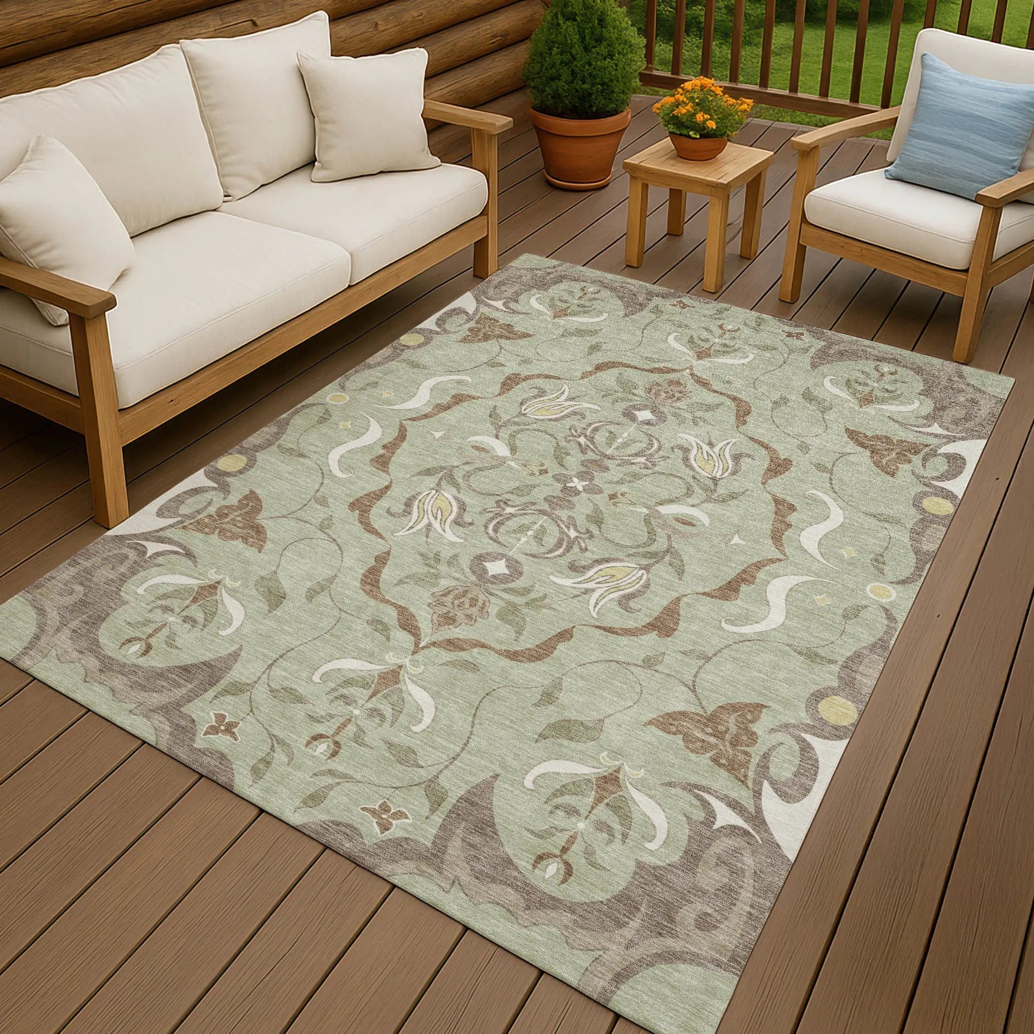 3' X 5' Green And Khaki Damask Washable Indoor Outdoor Area Rug Homeroots Outdoor