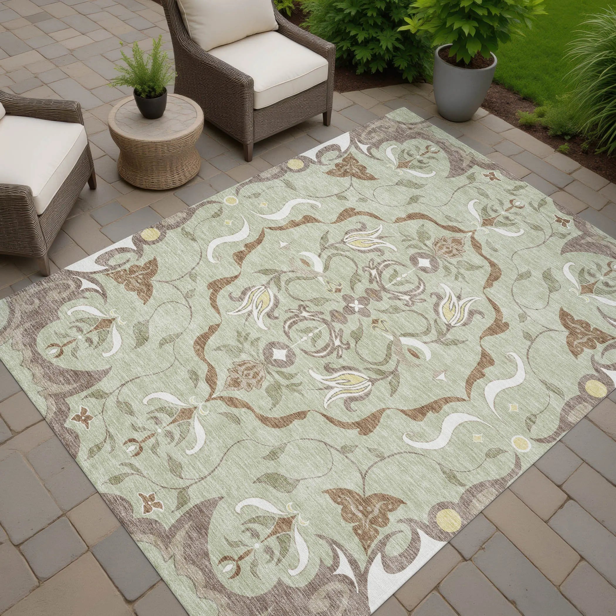 3' X 5' Green And Khaki Damask Washable Indoor Outdoor Area Rug Homeroots Outdoor