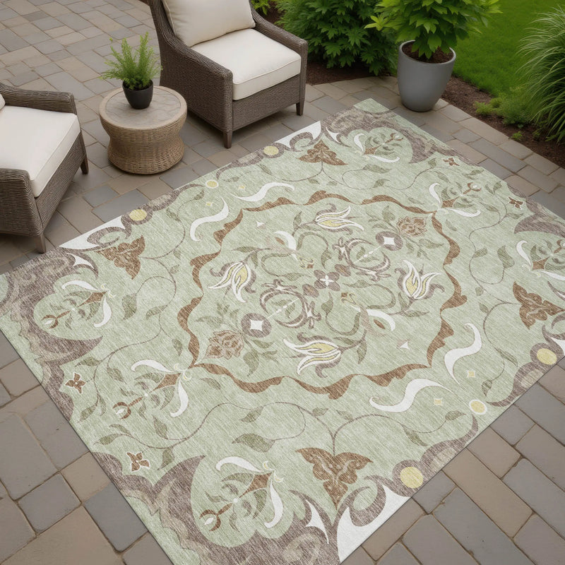 3' X 5' Green And Khaki Damask Washable Indoor Outdoor Area Rug Homeroots Outdoor