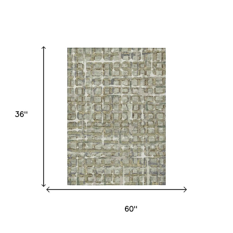 3' X 5' Green And Khaki Geometric Washable Indoor Outdoor Area Rug Homeroots Outdoor