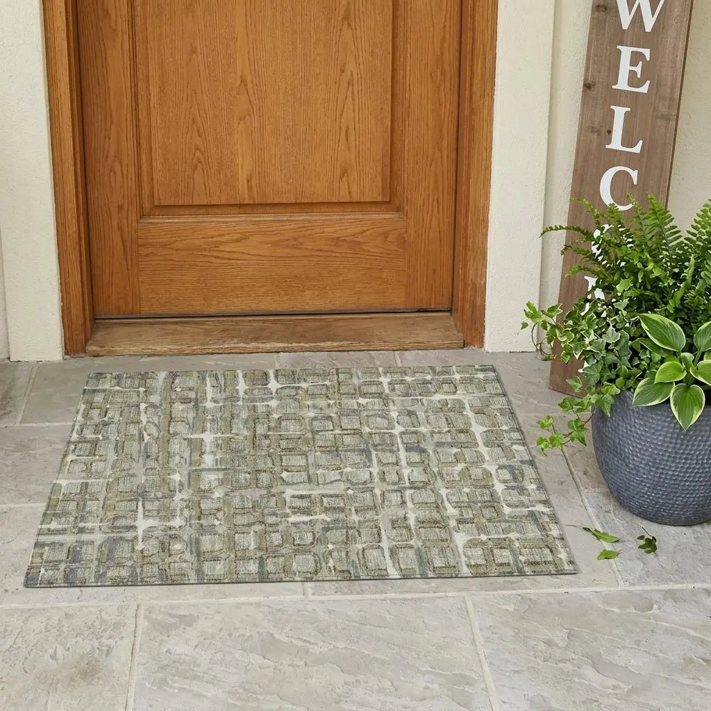 3' X 5' Green And Khaki Geometric Washable Indoor Outdoor Area Rug Homeroots Outdoor