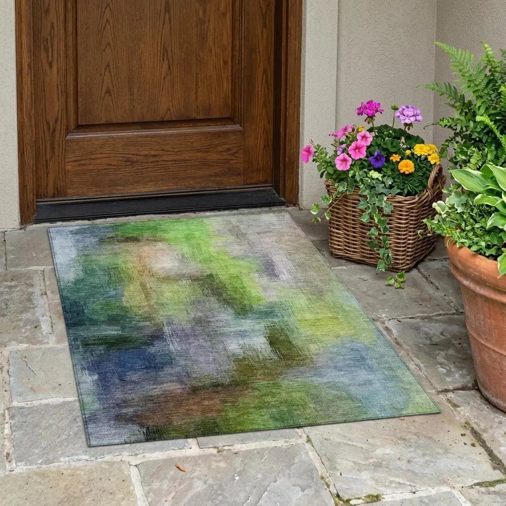 3' X 5' Green And Lime Green Abstract Washable Indoor Outdoor Area Rug Homeroots Outdoor