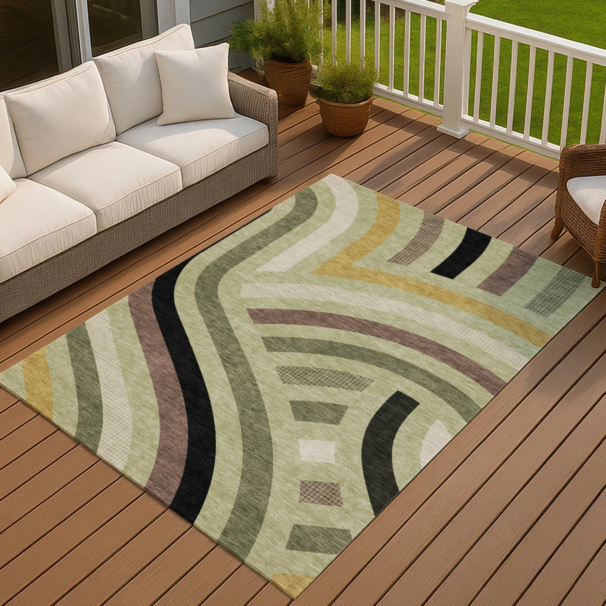 3' X 5' Green And Olive Green Abstract Washable Indoor Outdoor Area Rug Homeroots Outdoor