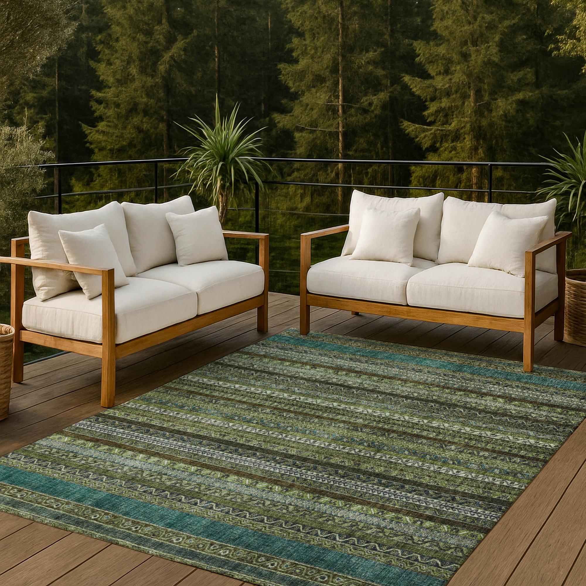 3' X 5' Green And Olive Green Striped Washable Indoor Outdoor Area Rug Homeroots Outdoor