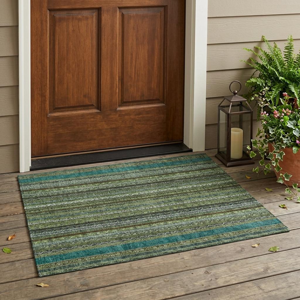 3' X 5' Green And Olive Green Striped Washable Indoor Outdoor Area Rug Homeroots Outdoor