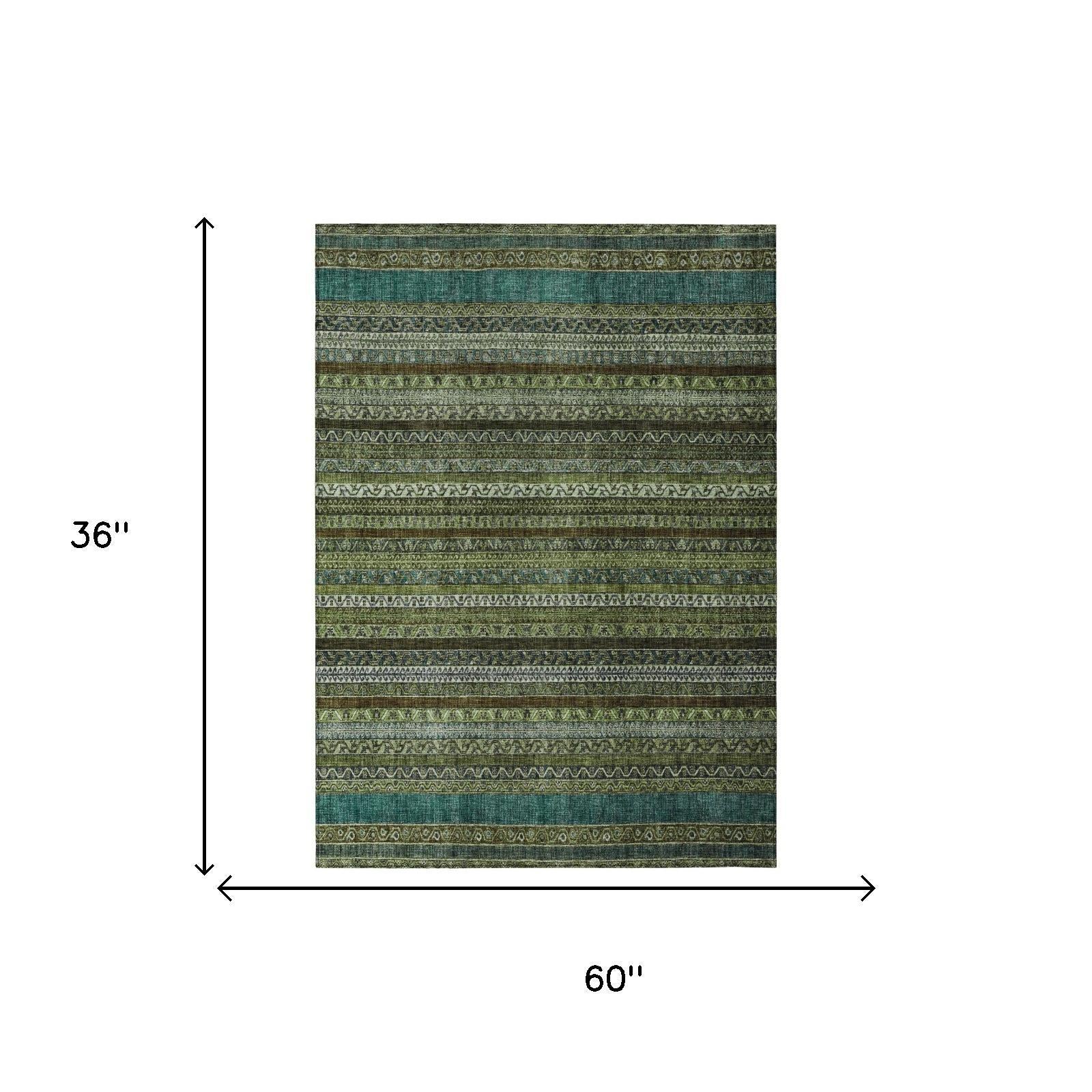 3' X 5' Green And Olive Green Striped Washable Indoor Outdoor Area Rug Homeroots Outdoor