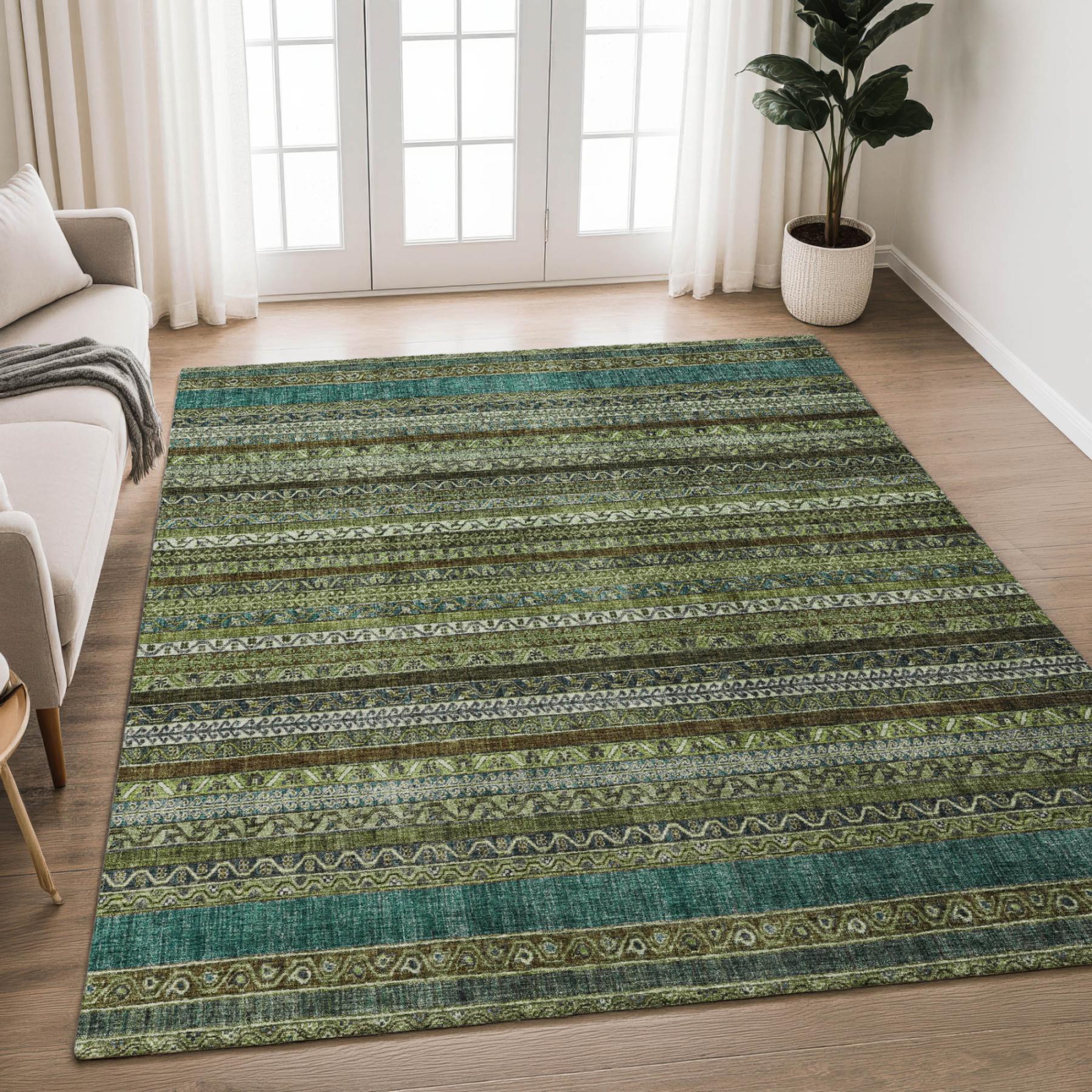 3' X 5' Green And Olive Green Striped Washable Indoor Outdoor Area Rug Homeroots Outdoor