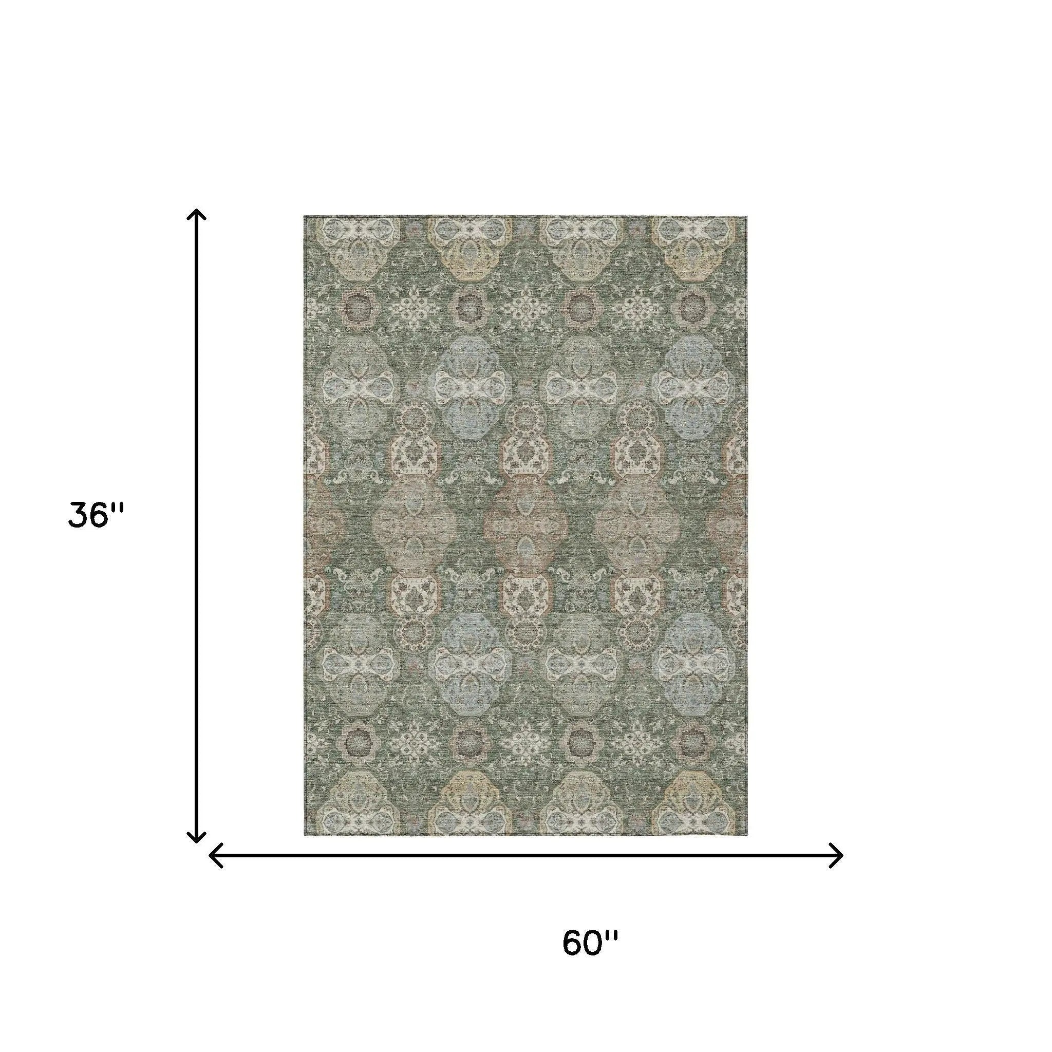 3' X 5' Green And Silver Floral Washable Indoor Outdoor Area Rug Homeroots Outdoor