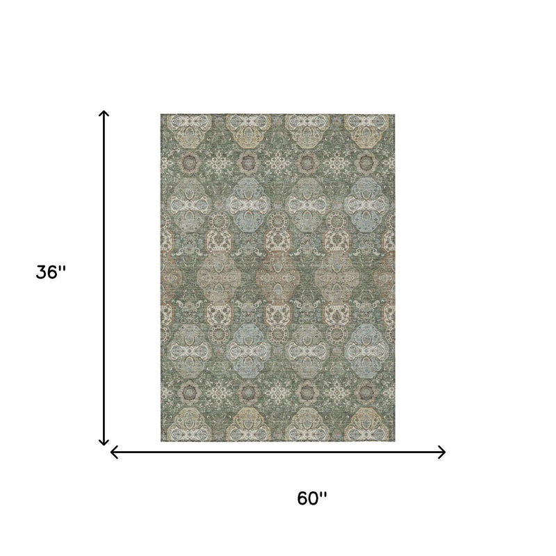 3' X 5' Green And Silver Floral Washable Indoor Outdoor Area Rug Homeroots Outdoor
