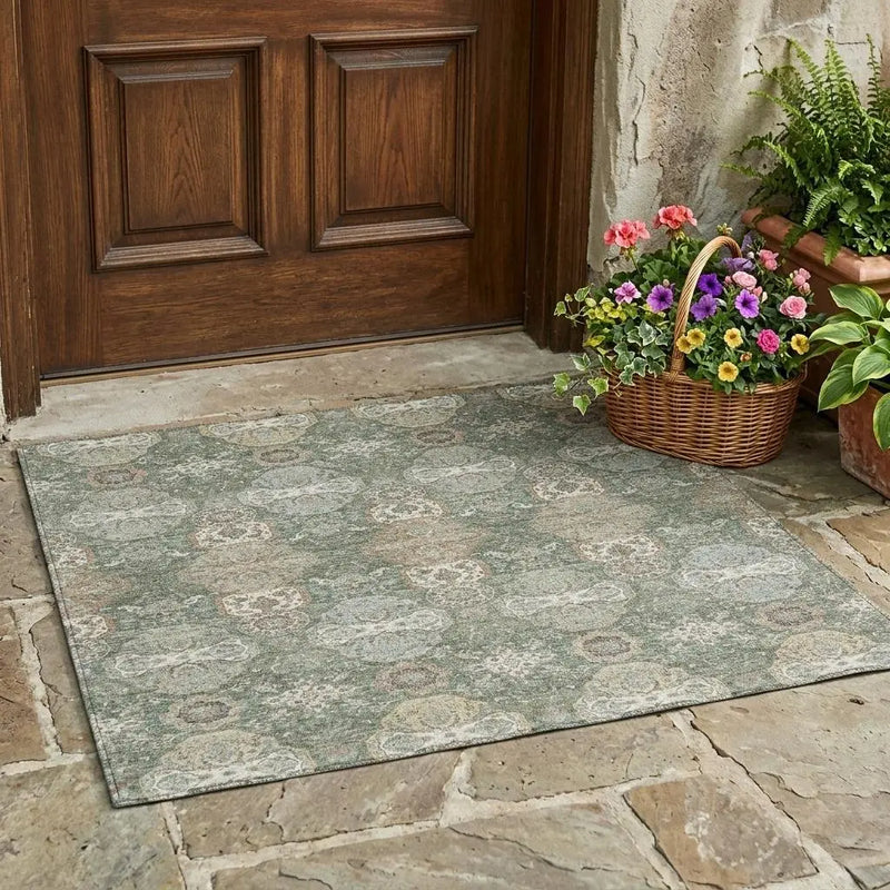 3' X 5' Green And Silver Floral Washable Indoor Outdoor Area Rug Homeroots Outdoor