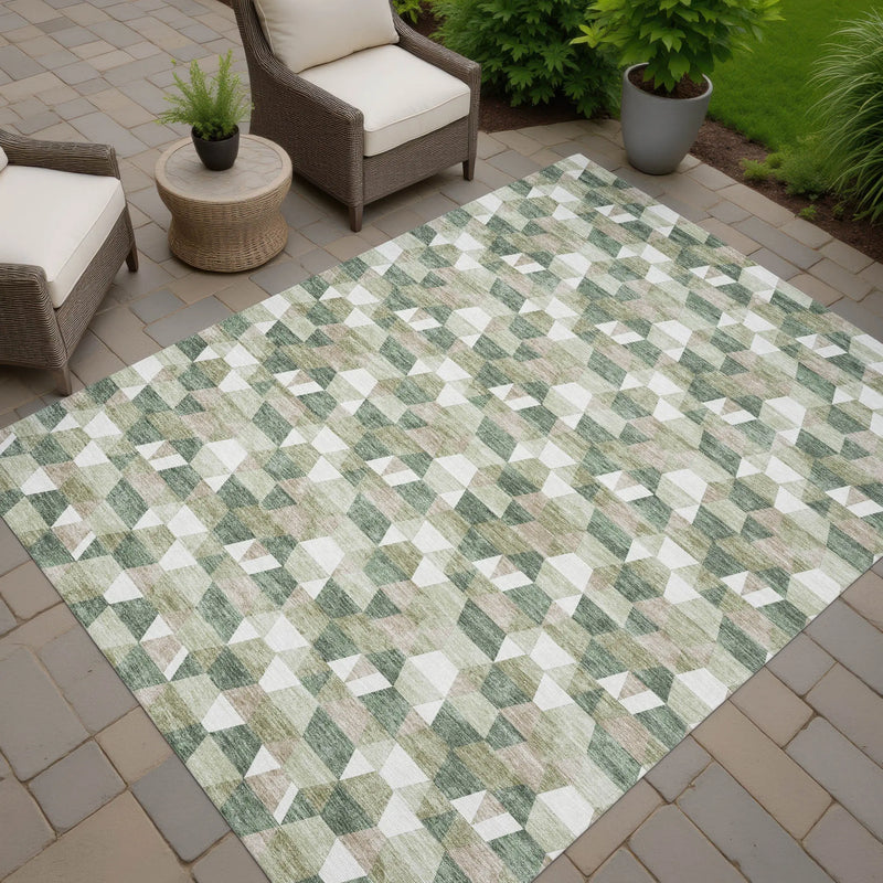 3' X 5' Green And Silver Geometric Washable Indoor Outdoor Area Rug Homeroots Outdoor