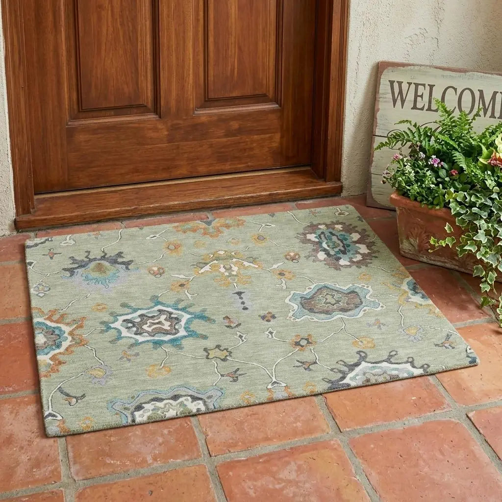 3' X 5' Green And Silver Oriental Washable Indoor Outdoor Area Rug Homeroots Outdoor