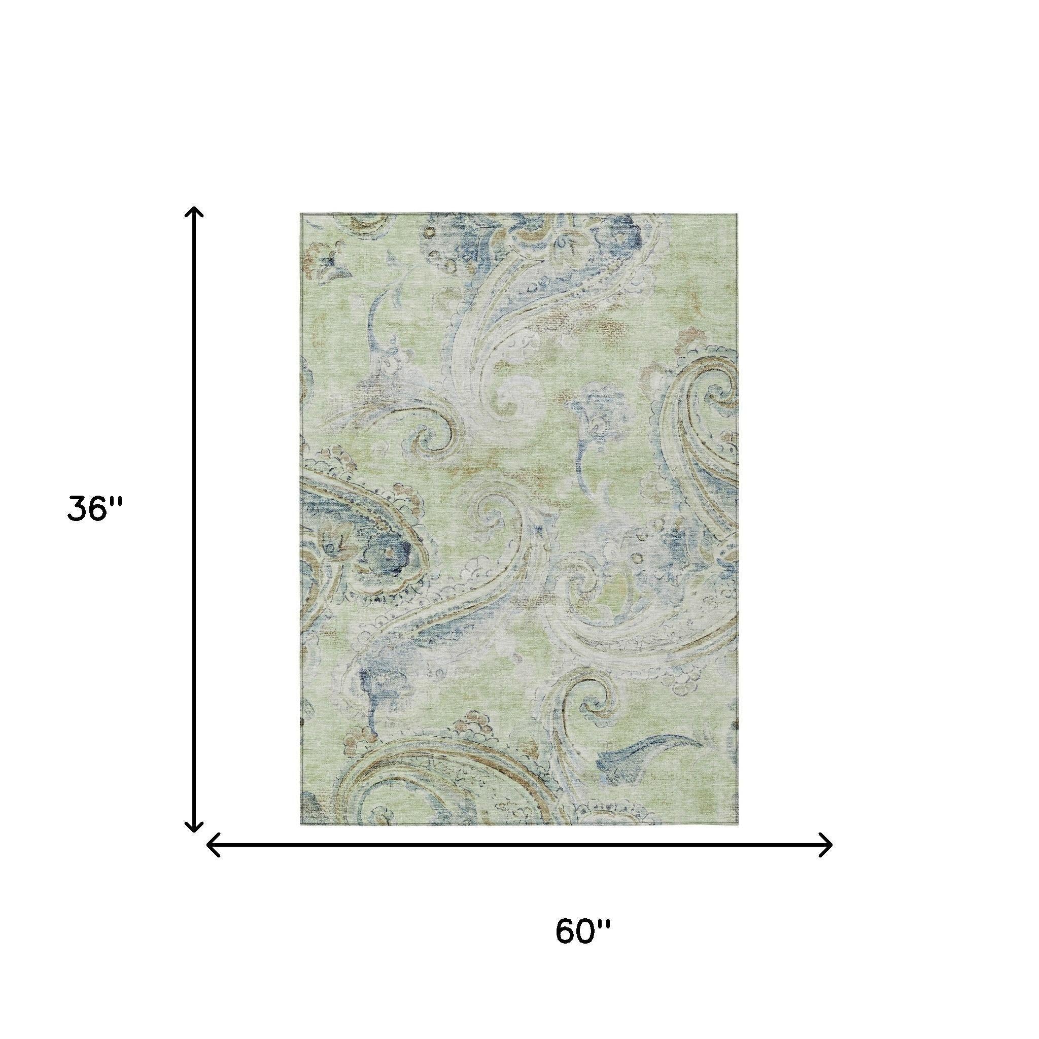 3' X 5' Green And Silver Paisley Washable Indoor Outdoor Area Rug Homeroots Outdoor
