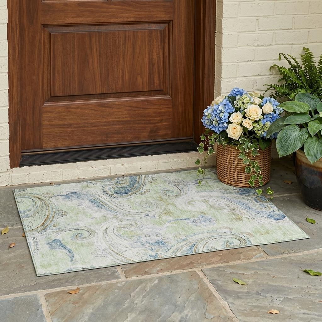 3' X 5' Green And Silver Paisley Washable Indoor Outdoor Area Rug Homeroots Outdoor
