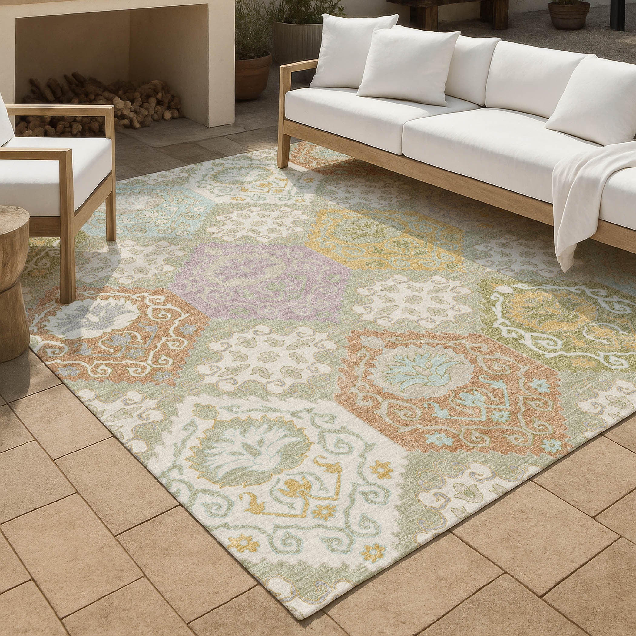 3' X 5' Green And Sky Blue Geometric Washable Indoor Outdoor Area Rug Homeroots Outdoor