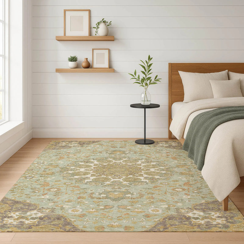 3' X 5' Green And Taupe Damask Washable Indoor Outdoor Area Rug Homeroots Outdoor