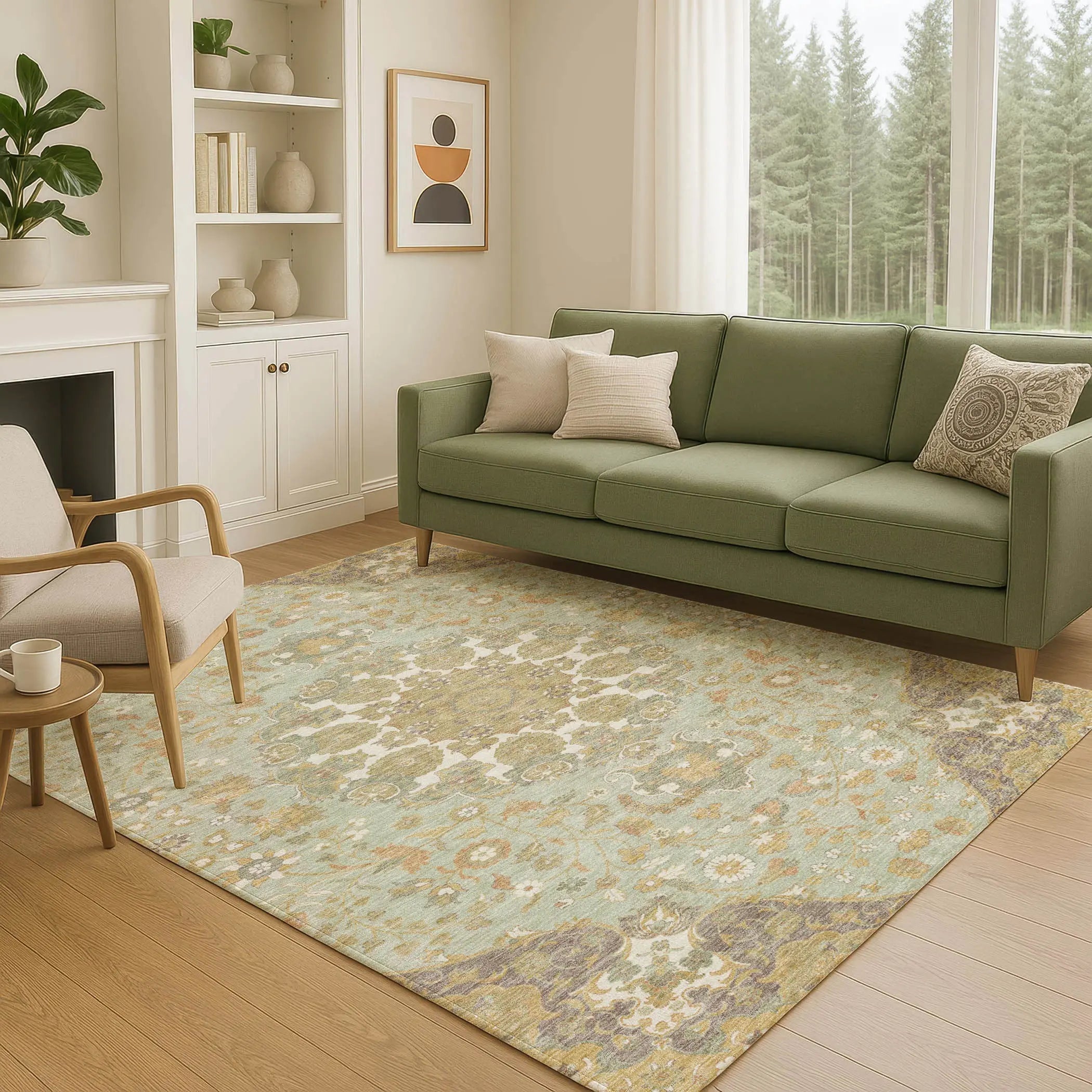 3' X 5' Green And Taupe Damask Washable Indoor Outdoor Area Rug Homeroots Outdoor