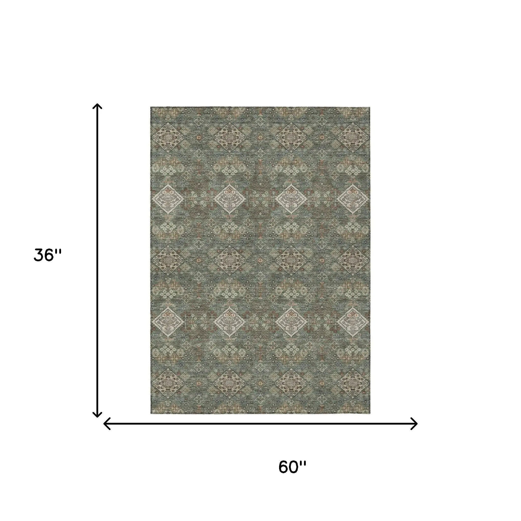 3' X 5' Green And Taupe Geometric Washable Indoor Outdoor Area Rug Homeroots Outdoor