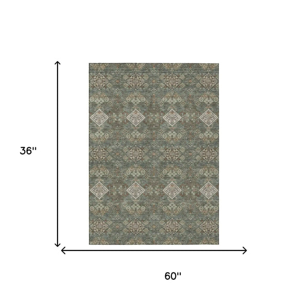 3' X 5' Green And Taupe Geometric Washable Indoor Outdoor Area Rug Homeroots Outdoor