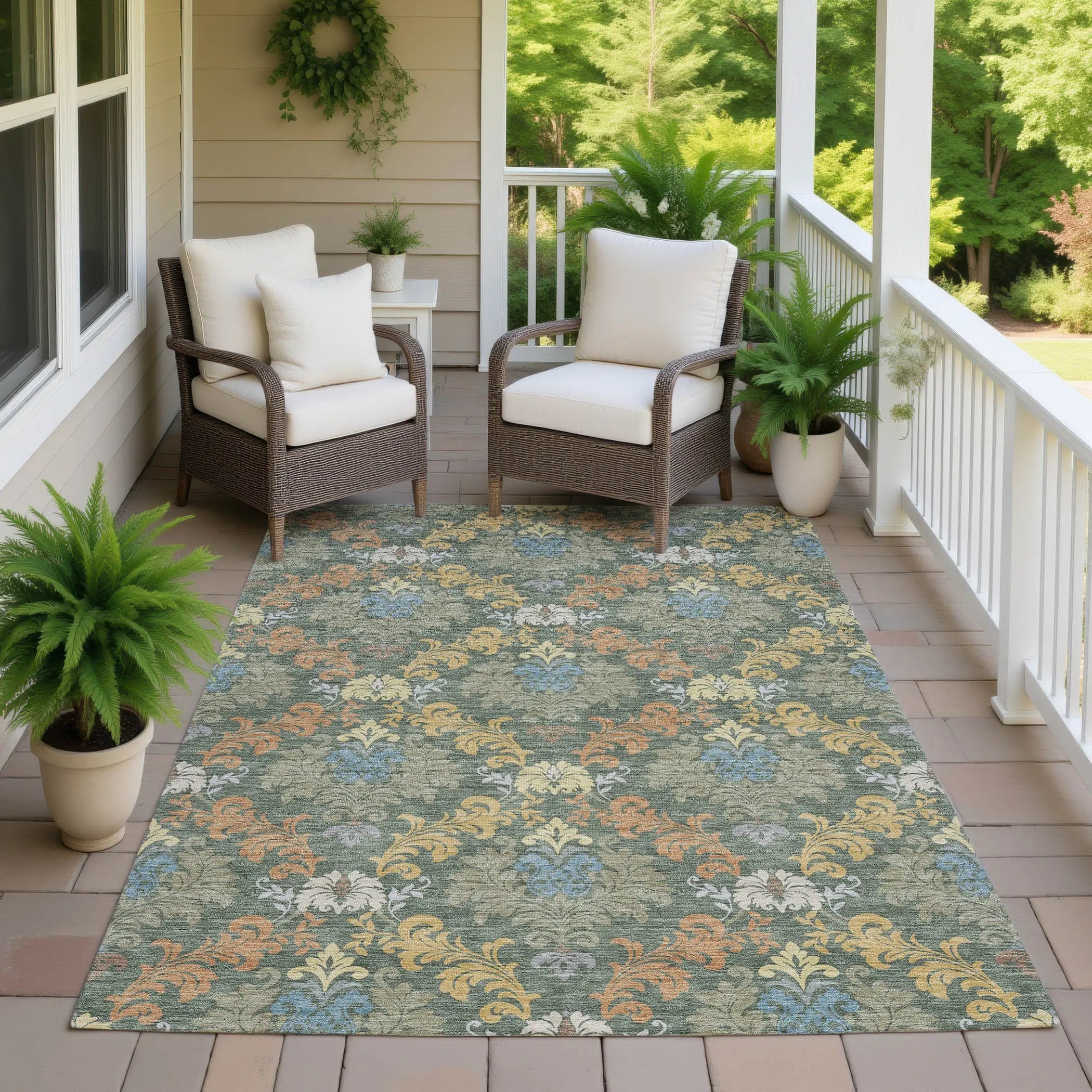 3' X 5' Green And Teal Blue Damask Washable Indoor Outdoor Area Rug Homeroots Outdoor