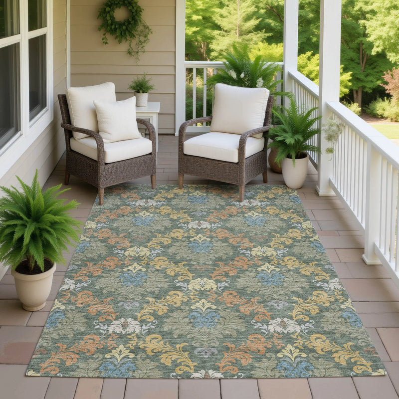 3' X 5' Green And Teal Blue Damask Washable Indoor Outdoor Area Rug Homeroots Outdoor
