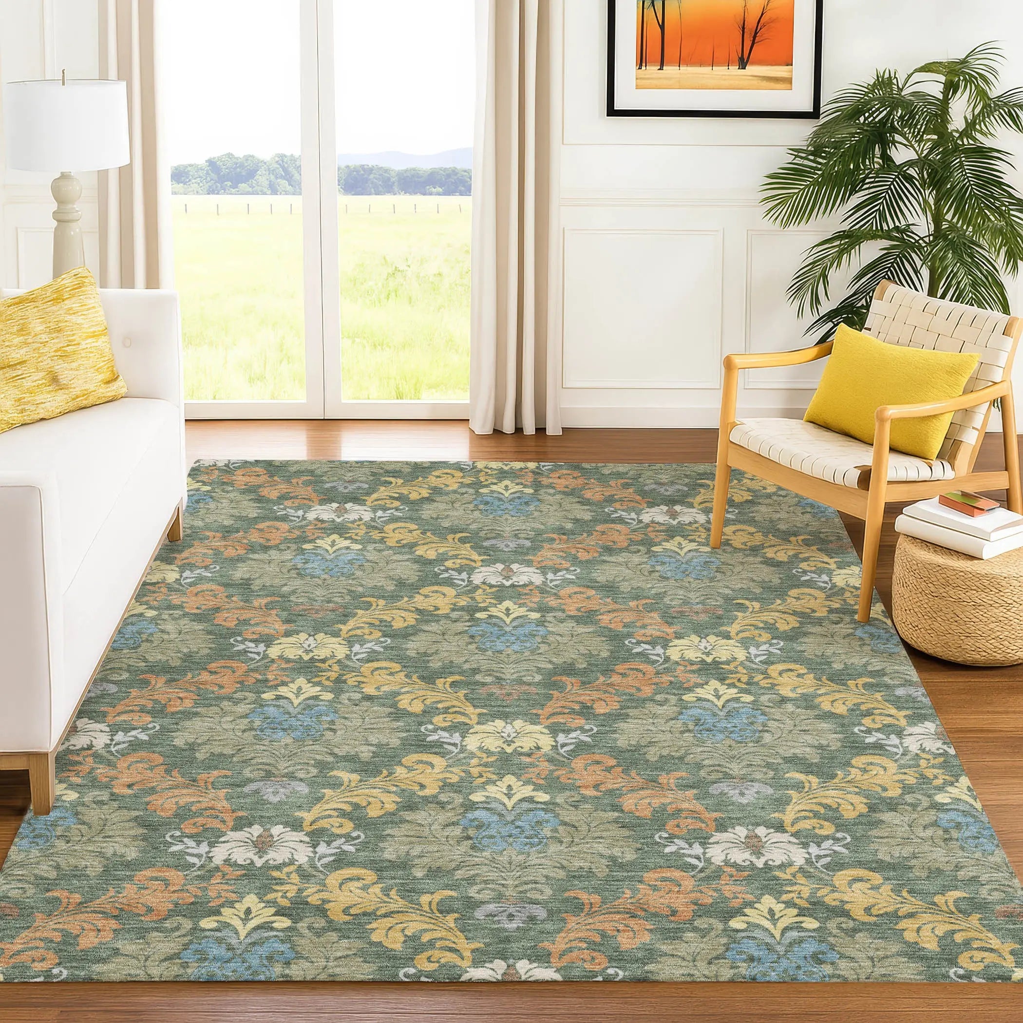 3' X 5' Green And Teal Blue Damask Washable Indoor Outdoor Area Rug Homeroots Outdoor