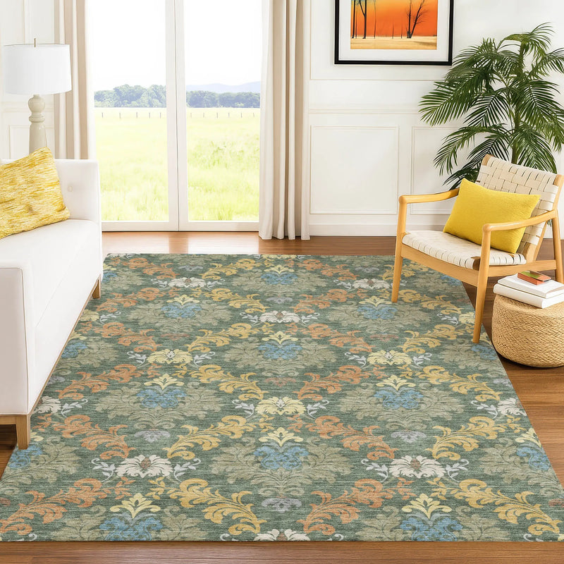 3' X 5' Green And Teal Blue Damask Washable Indoor Outdoor Area Rug Homeroots Outdoor