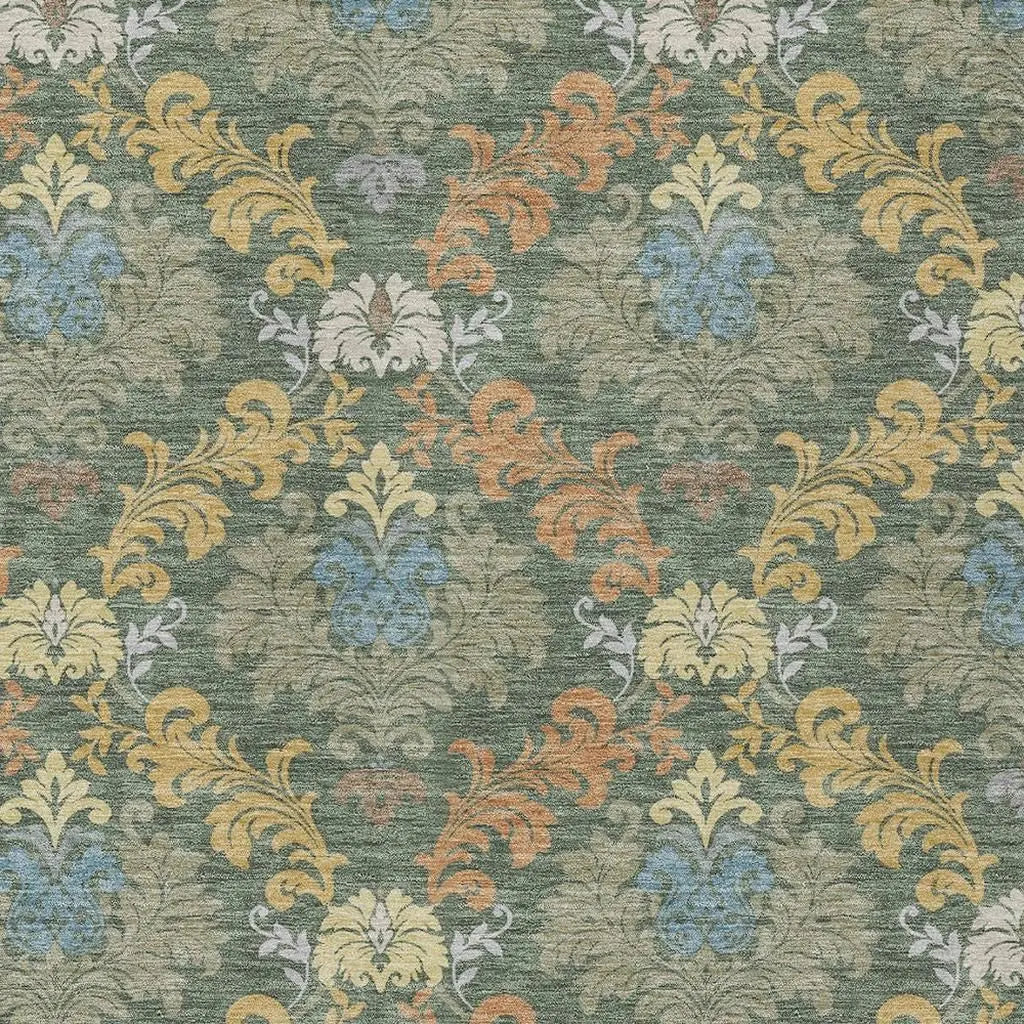 3' X 5' Green And Teal Blue Damask Washable Indoor Outdoor Area Rug Homeroots Outdoor