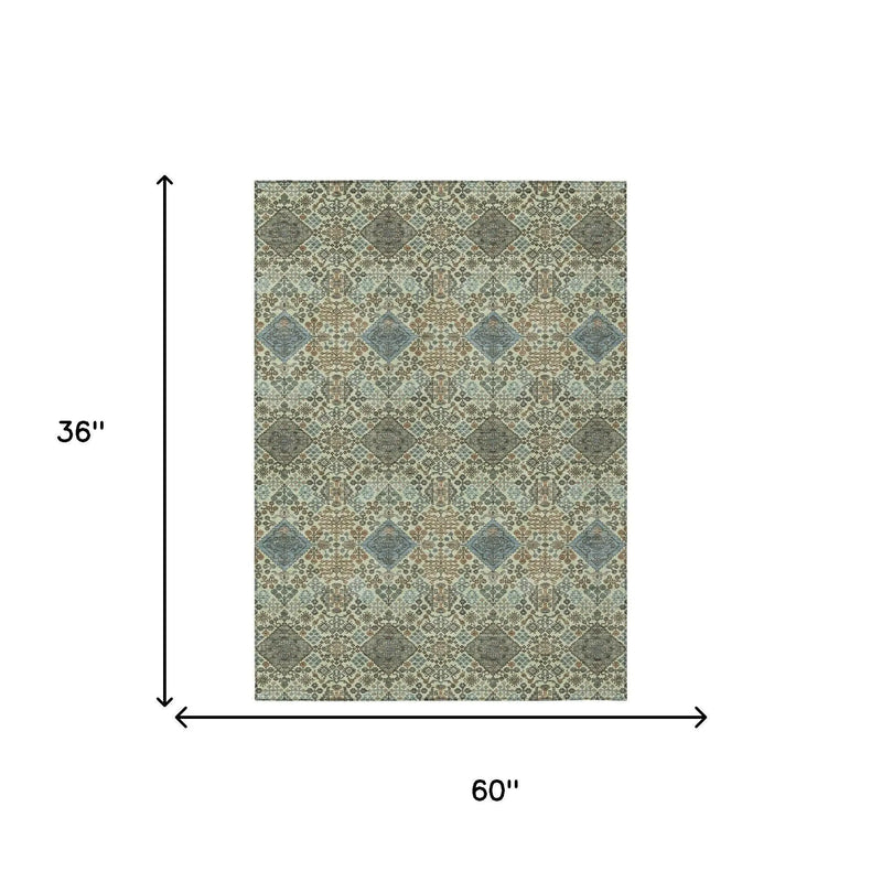 3' X 5' Green And Teal Blue Geometric Washable Indoor Outdoor Area Rug Homeroots Outdoor
