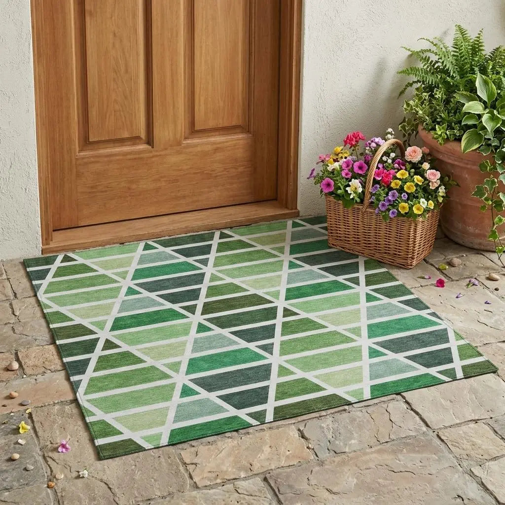3' X 5' Green And White Geometric Washable Indoor Outdoor Area Rug Homeroots Outdoor