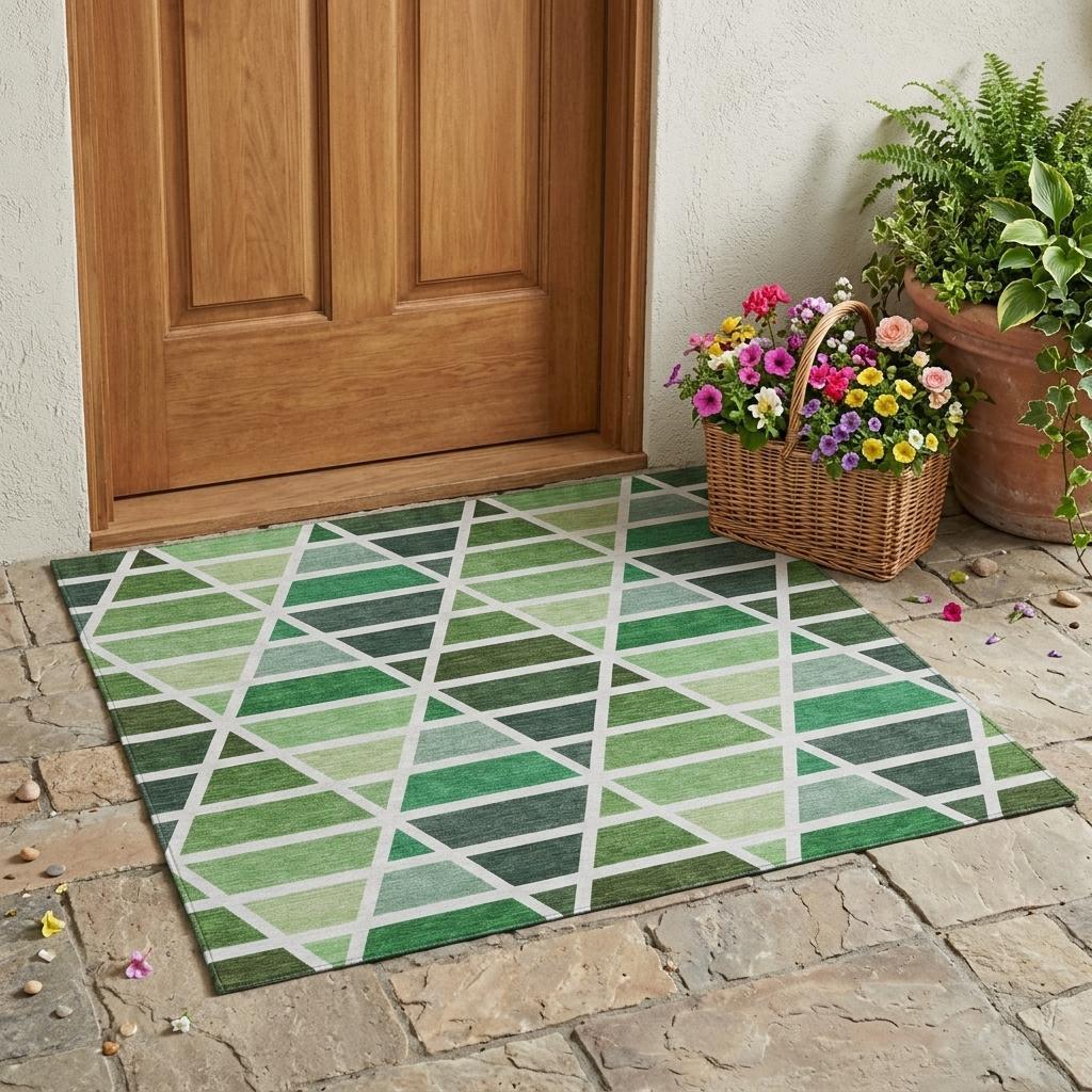 3' X 5' Green And White Geometric Washable Indoor Outdoor Area Rug Homeroots Outdoor