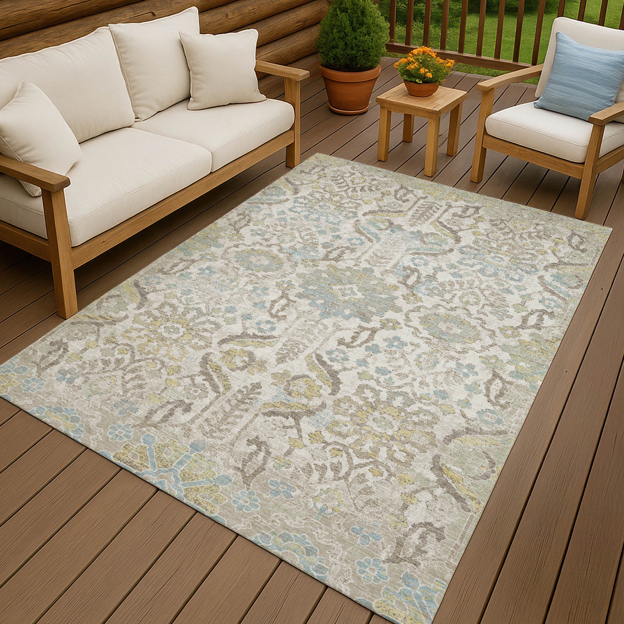 3' X 5' Ivory And Beige Damask Washable Indoor Outdoor Area Rug Homeroots Outdoor