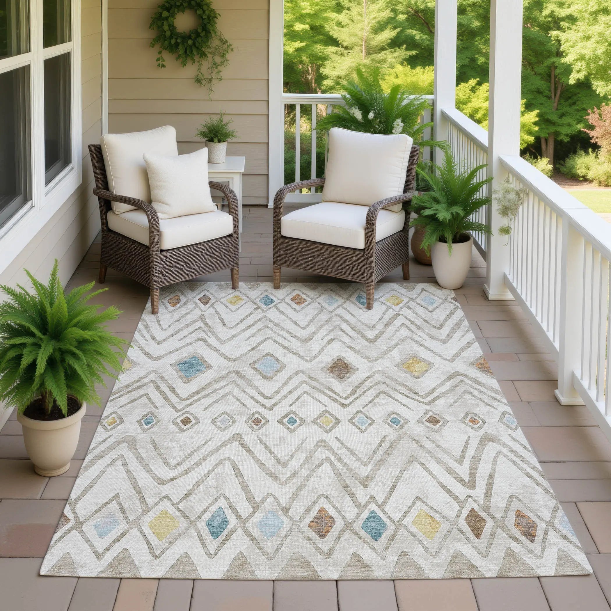 3' X 5' Ivory And Brown Geometric Washable Indoor Outdoor Area Rug Homeroots Outdoor
