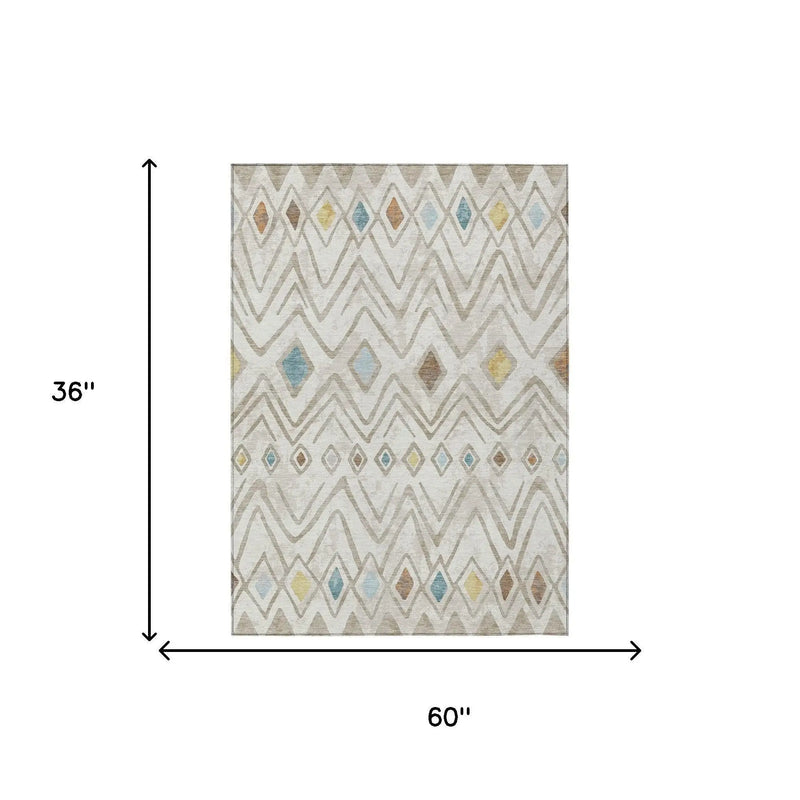 3' X 5' Ivory And Brown Geometric Washable Indoor Outdoor Area Rug Homeroots Outdoor