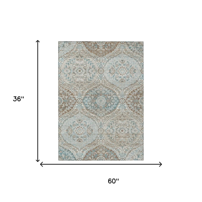 3' X 5' Ivory And Brown Ogee Washable Indoor Outdoor Area Rug Homeroots Outdoor