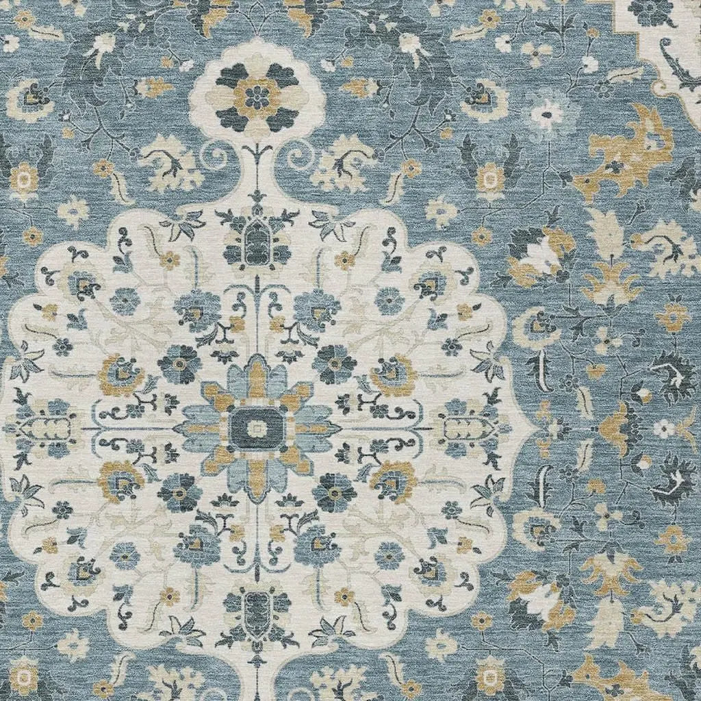 3' X 5' Ivory And Denim Blue Floral Medallion Washable Indoor Outdoor Area Rug Homeroots Outdoor