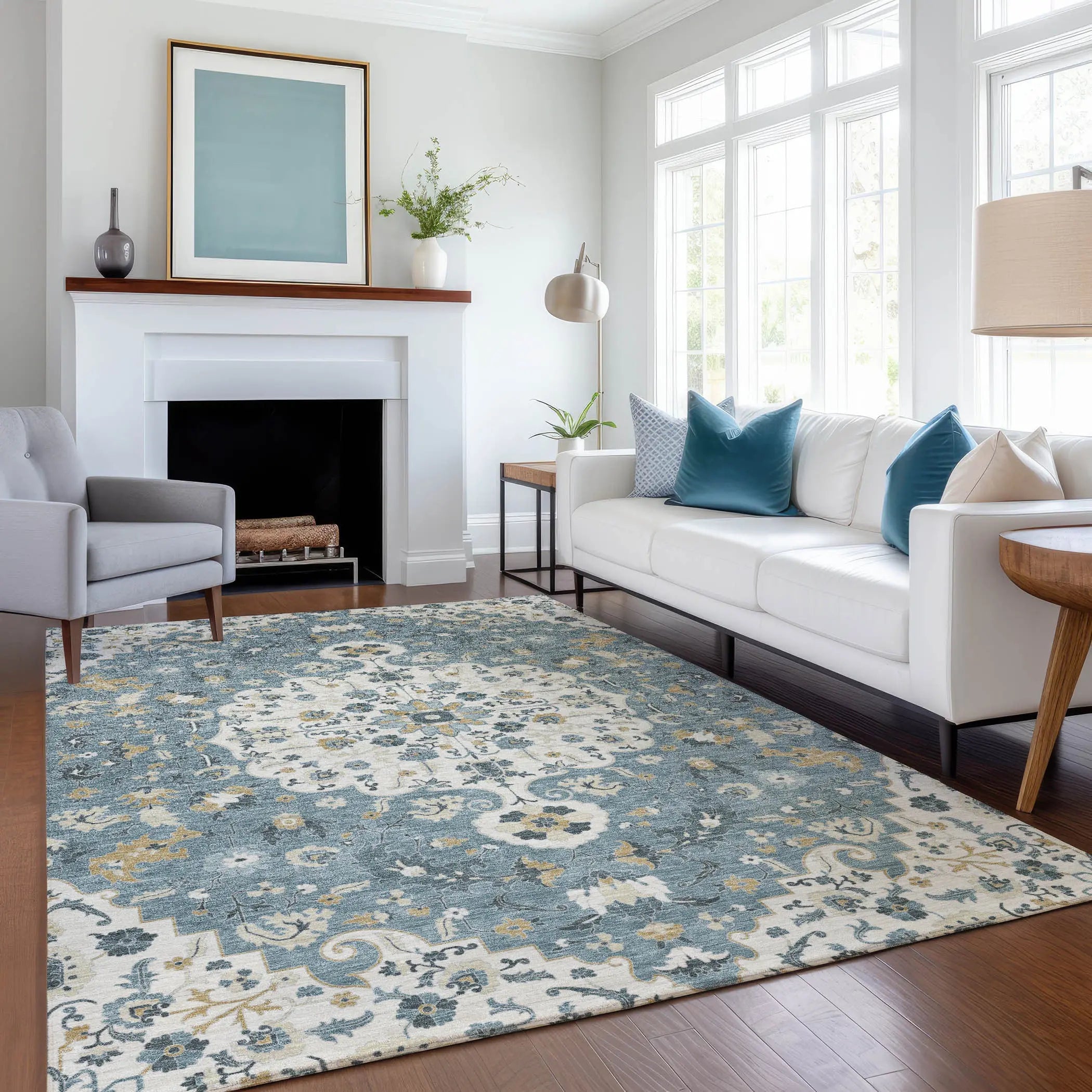 3' X 5' Ivory And Denim Blue Floral Medallion Washable Indoor Outdoor Area Rug Homeroots Outdoor